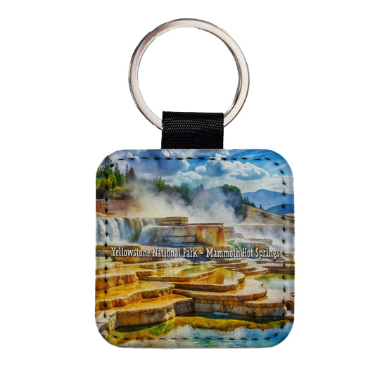 Yellowstone National Park Mammoth Hot Springs Square Faux Leather Keychain