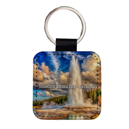 Yellowstone National Park Old Faithful Square Faux Leather Keychain