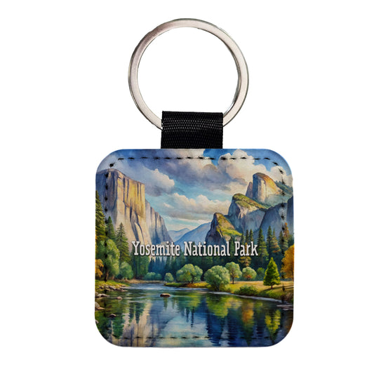Yosemite National Park California Square Faux Leather Keychain