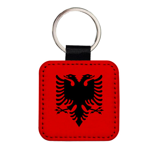 Albania Country Flag Square Faux Leather Keychain