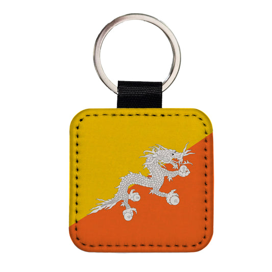 Bhutan Country Flag Square Faux Leather Keychain