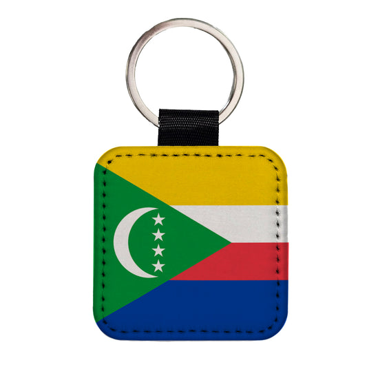 Comoros Country Flag Square Faux Leather Keychain
