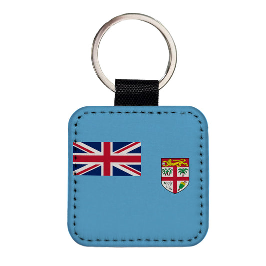 Fiji Country Flag Square Faux Leather Keychain