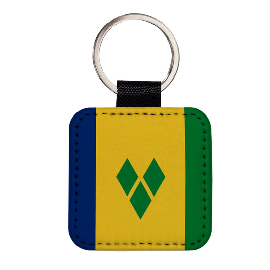 Saint Vincent and the Grenadines Country Flag Square Faux Leather Keychain