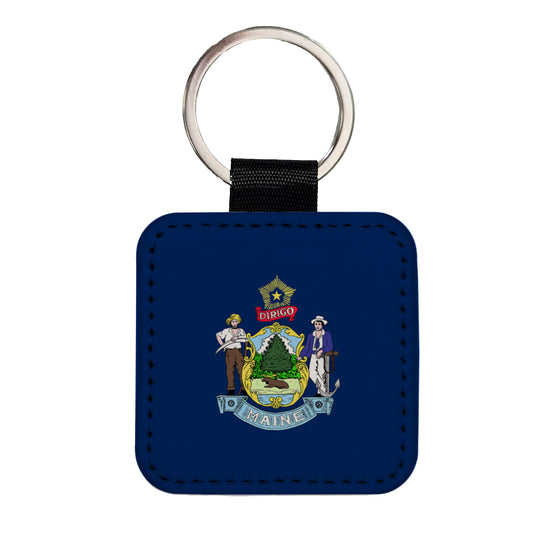 Maine ME State Flag Square Faux Leather Keychain