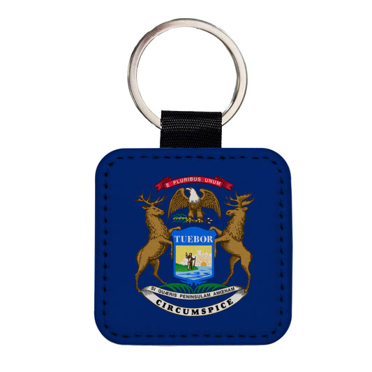 Michigan MI State Flag Square Faux Leather Keychain