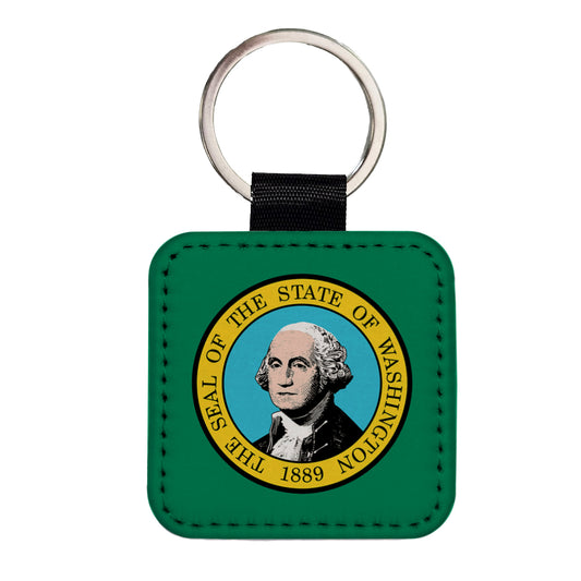 Washington WA State Flag Square Faux Leather Keychain