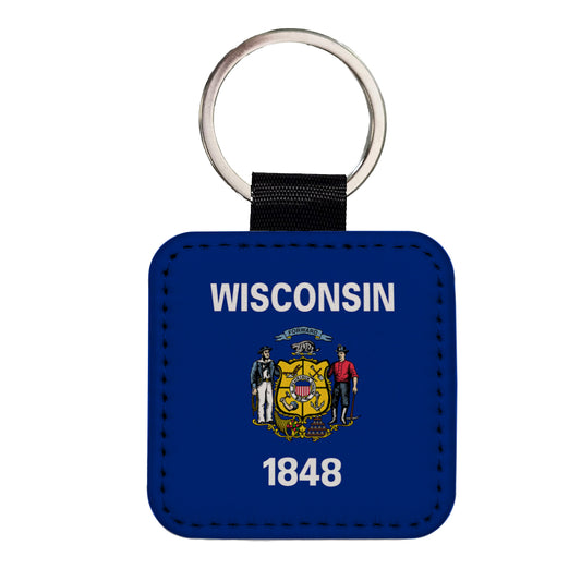Wisconsin WI State Flag Square Faux Leather Keychain