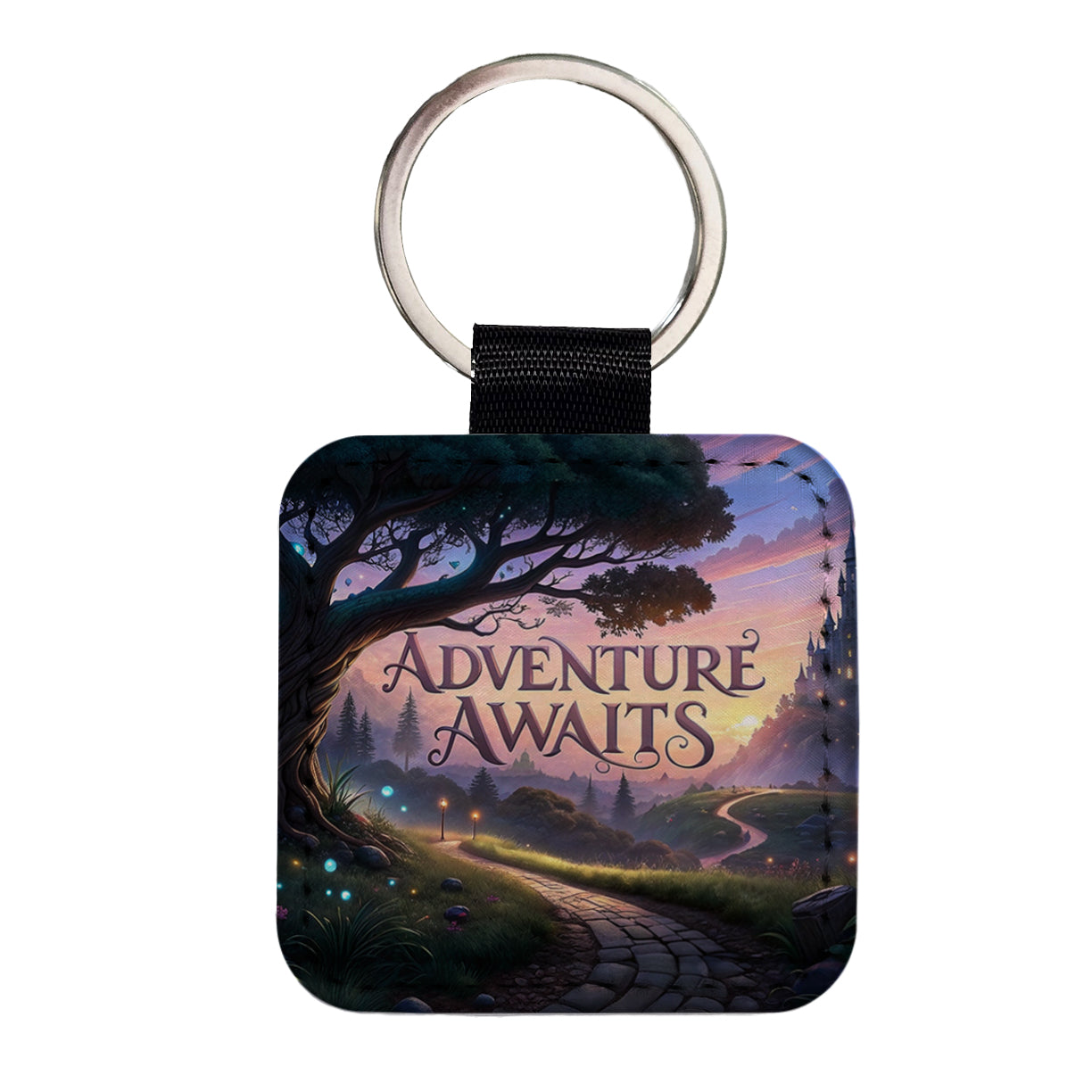 Adventure Awaits Fantasy World Square Faux Leather Keychain