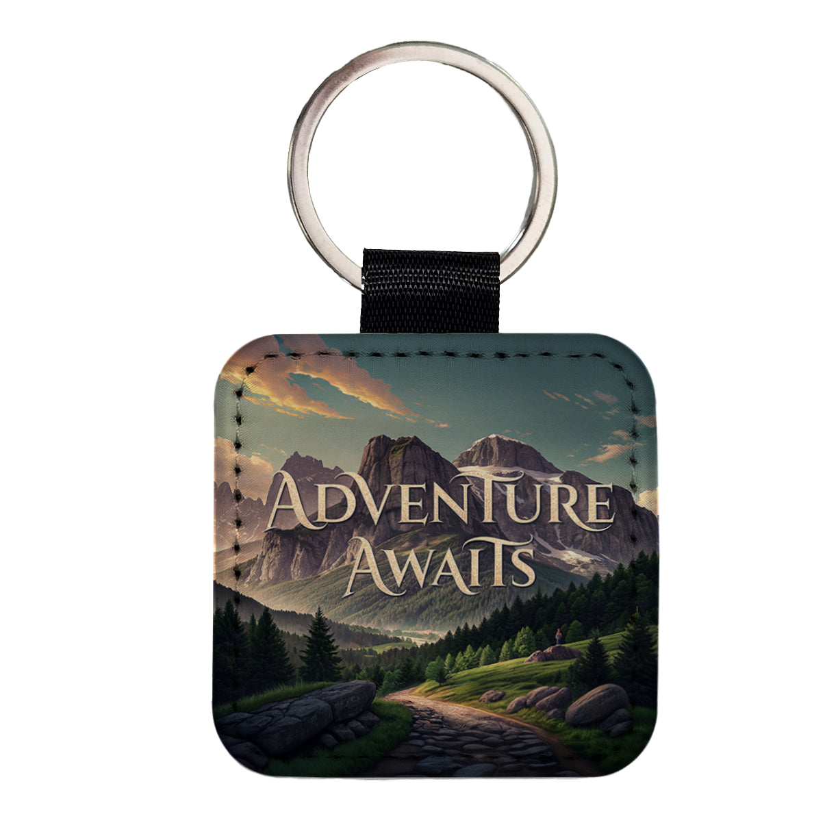 Adventure Awaits Mountains Hiking Camping Square Faux Leather Keychain