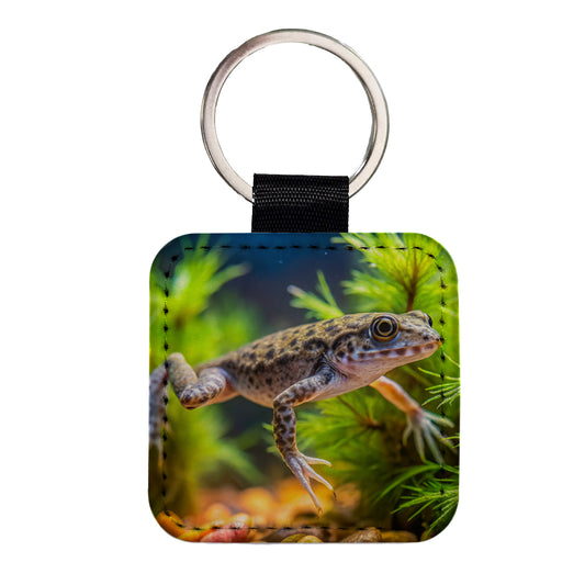 African Dwarf Frog Swimming Square Faux Leather Keychain