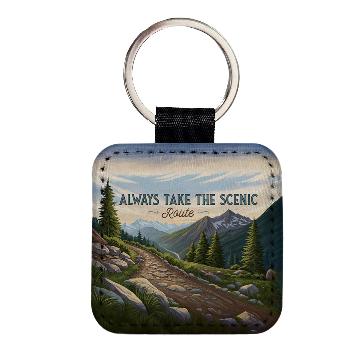Always Take The Scenic Route Hiking Trail Square Faux Leather Keychain