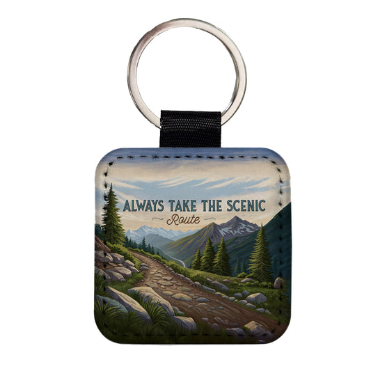 Always Take The Scenic Route Hiking Trail Square Faux Leather Keychain