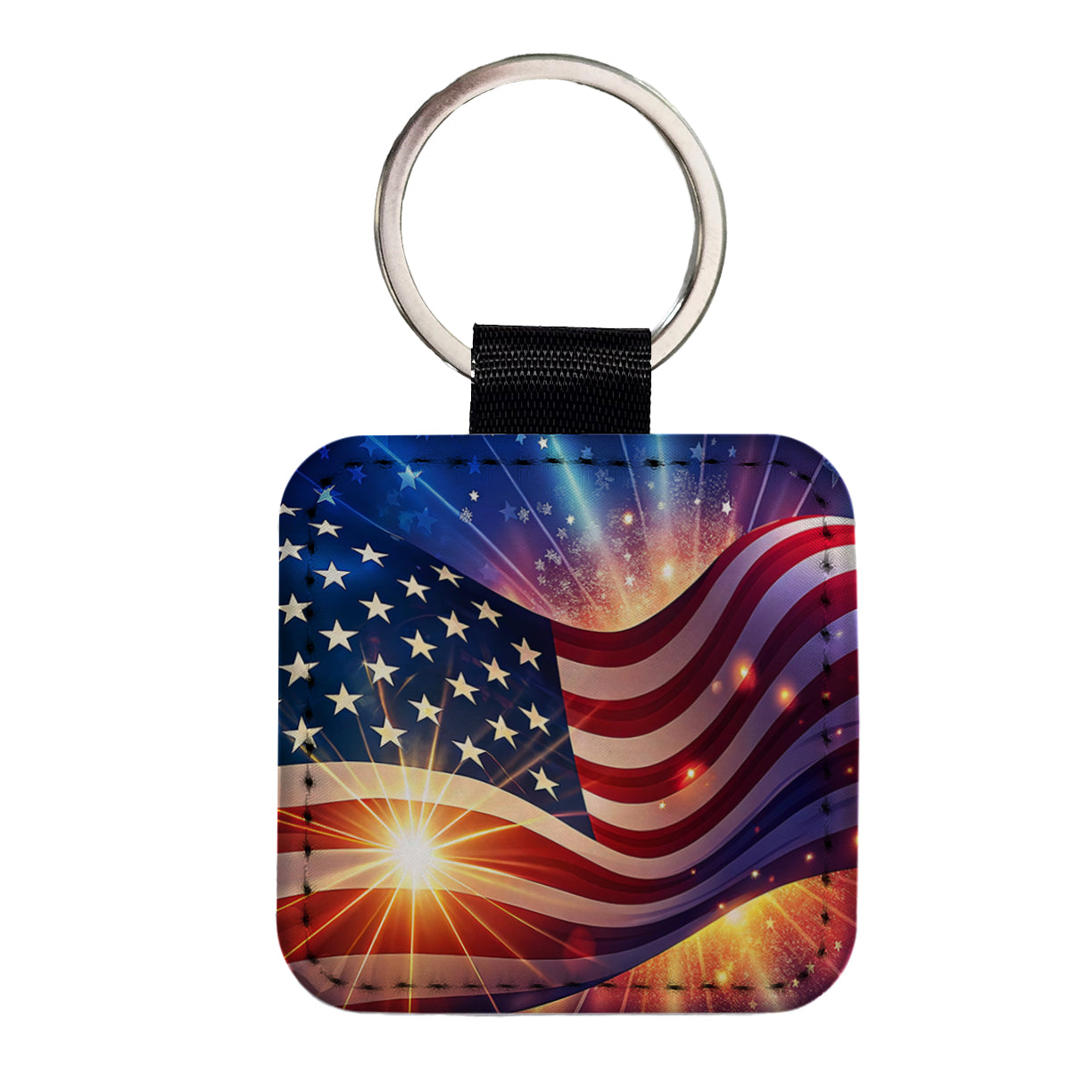American Flag Sparkling Waving Patriotic Square Faux Leather Keychain