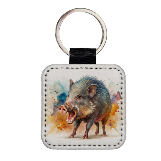 Angry Javelina Watercolor Square Faux Leather Keychain