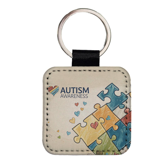Autism Awareness Puzzle Pieces Heart Square Faux Leather Keychain