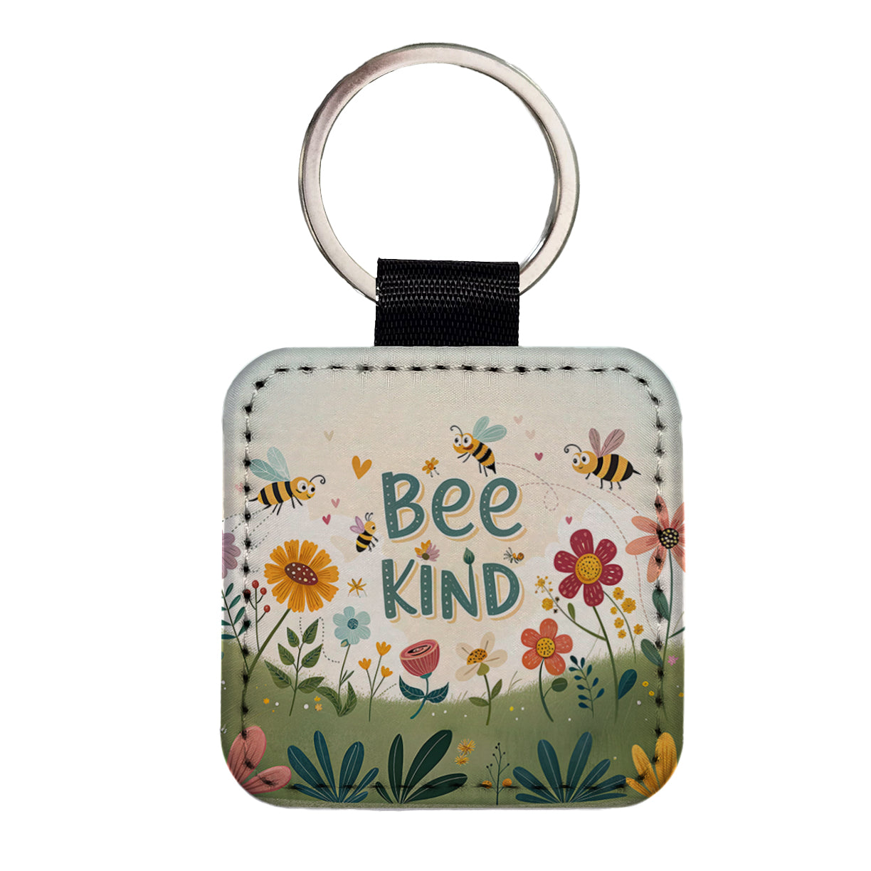 Be Bee Kind With Floral Bees Design Square Faux Leather Keychain
