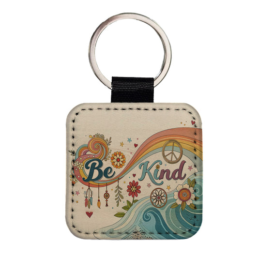 Be Kind Vintage Hippie Design Square Faux Leather Keychain