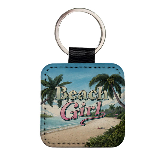 Beach Girl Tropical Beach Palm Trees Square Faux Leather Keychain