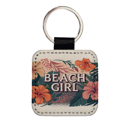 Beach Girl Tropical Hibiscus Flowers Square Faux Leather Keychain