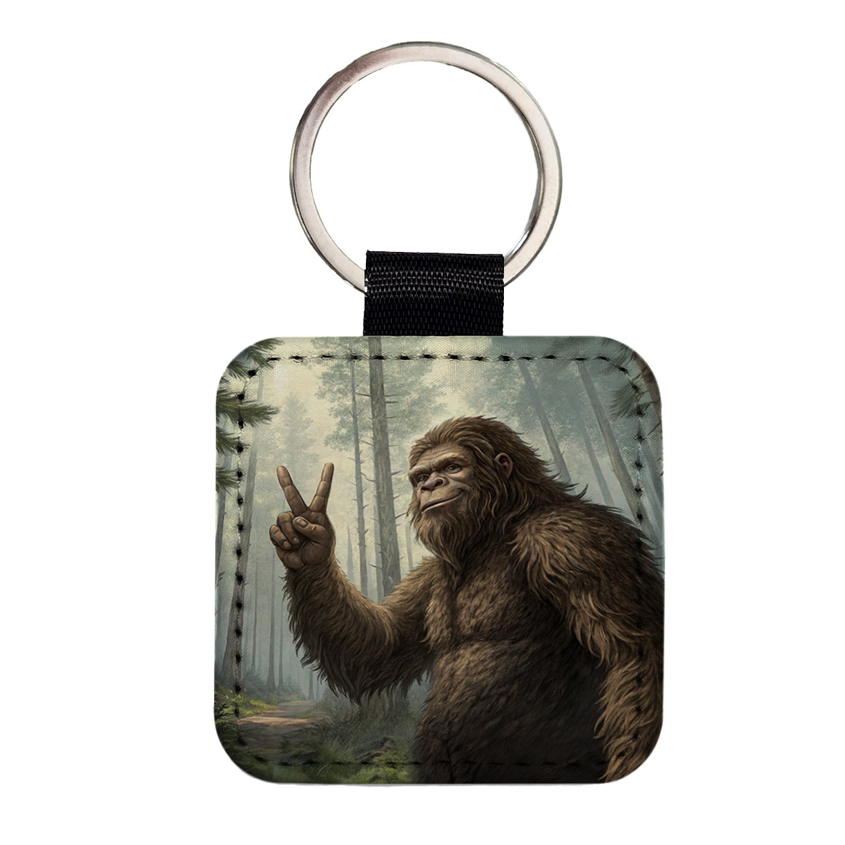 Big Foot Giving The Peace Sign Square Faux Leather Keychain