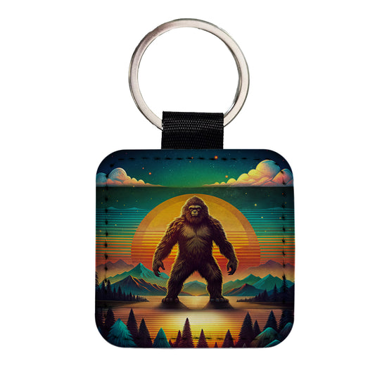 Big Foot Retro Sunset Square Faux Leather Keychain