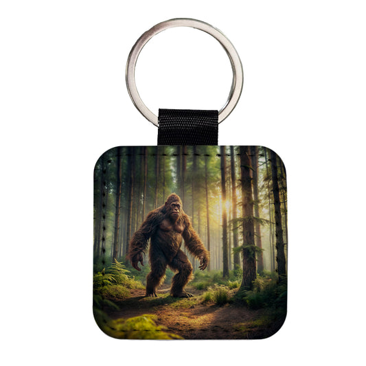 Big Foot Strolling Through The Forest Square Faux Leather Keychain
