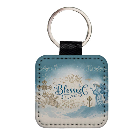 Blessed Religious Angel Blue White Square Faux Leather Keychain