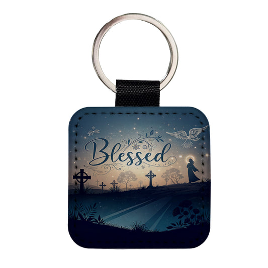 Blessed Religious Crosses Square Faux Leather Keychain