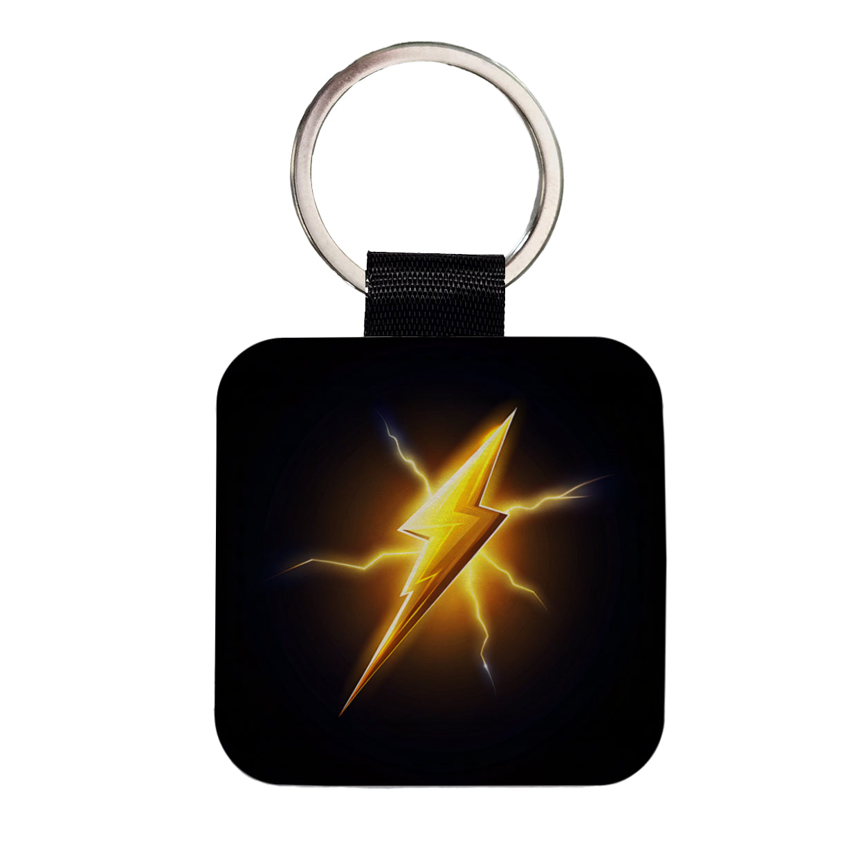 Cartoon Lightning Bolt On Black Square Faux Leather Keychain