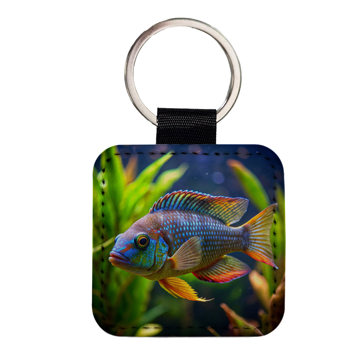Cichlid Aquarium Fish Square Faux Leather Keychain