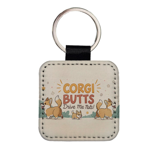 Corgi Butts Drive Me Nuts Dog Funny Cartoon Square Faux Leather Keychain