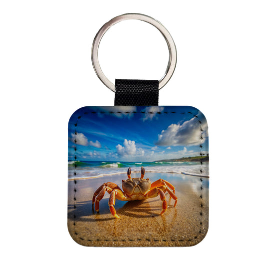 Crab On The Beach Square Faux Leather Keychain
