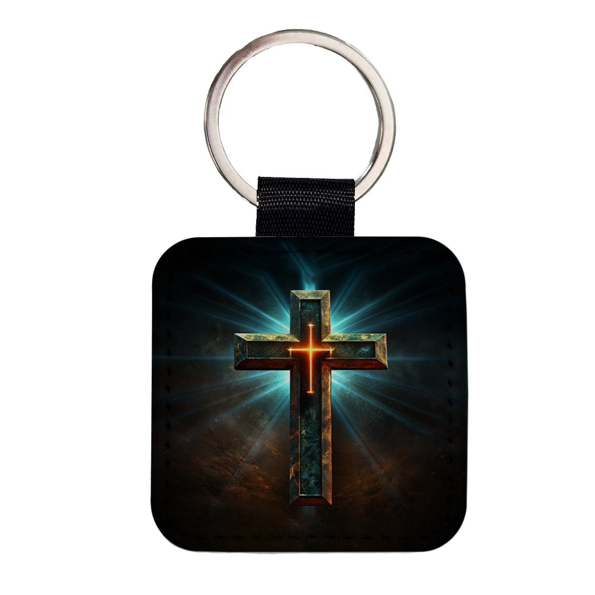 Cross On A Dark Background Religious Square Faux Leather Keychain
