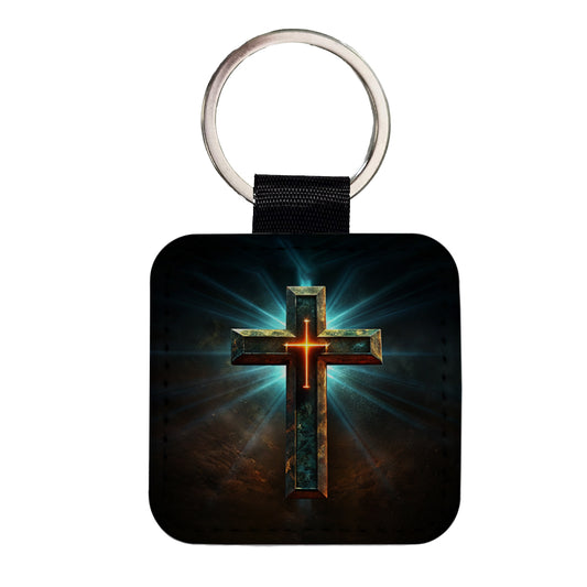 Cross On A Dark Background Religious Square Faux Leather Keychain
