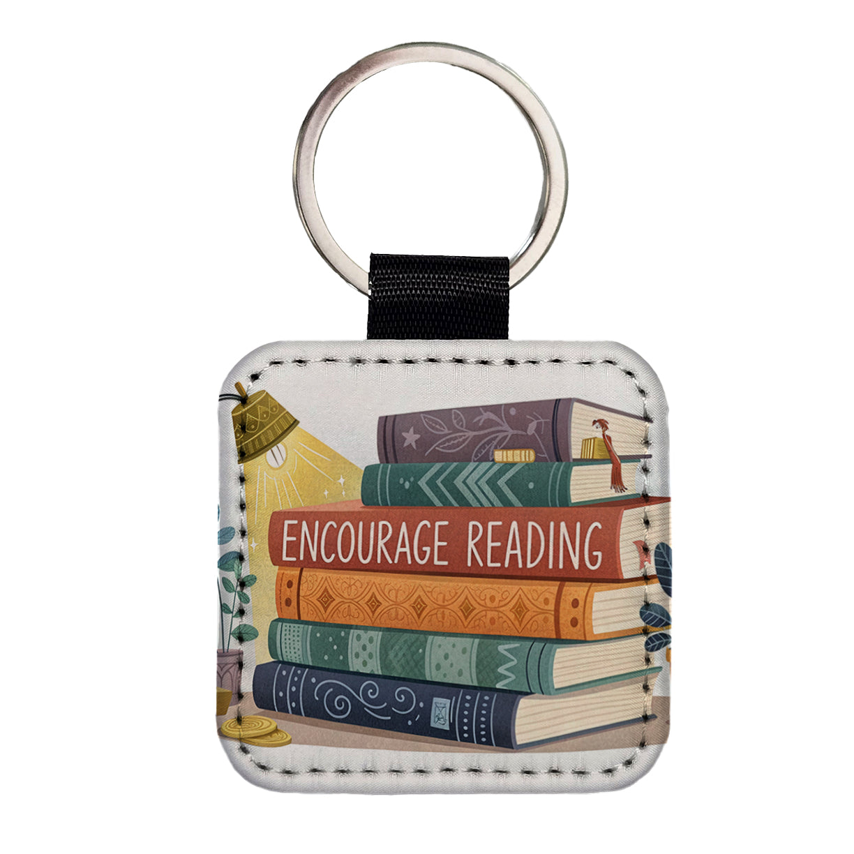 Encourage Reading Stack of Books Square Faux Leather Keychain