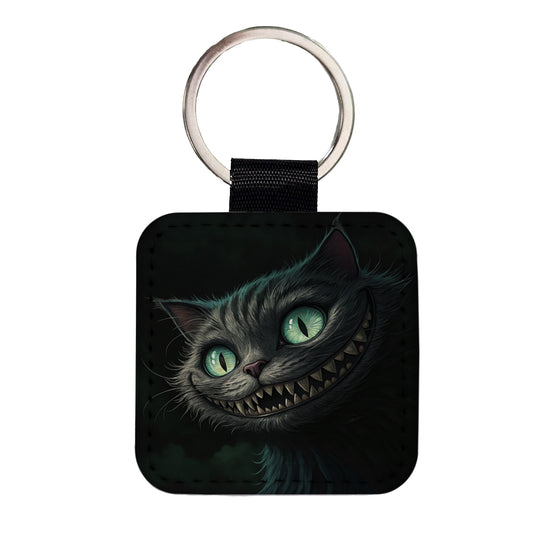 Evil Cheshire Cat Grinning On Black Square Faux Leather Keychain
