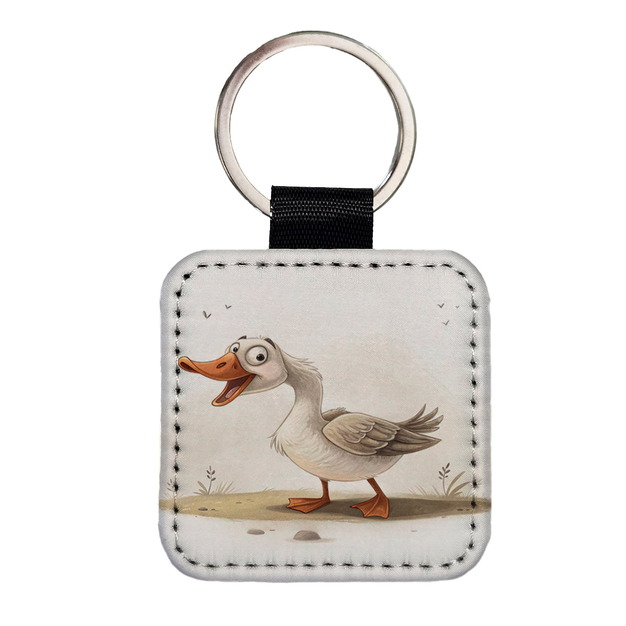 Funny Silly Goose Square Faux Leather Keychain