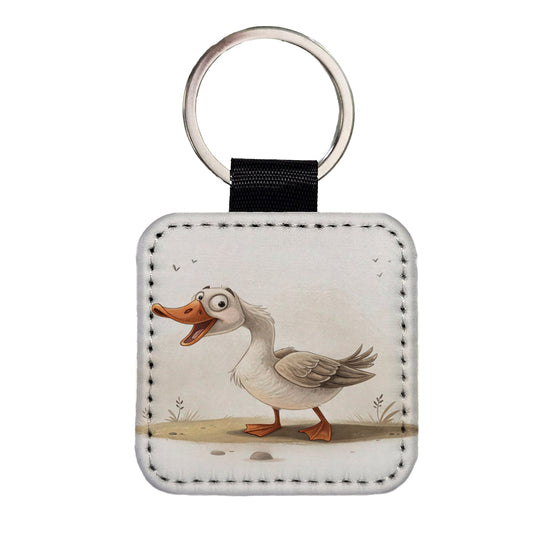 Funny Silly Goose Square Faux Leather Keychain
