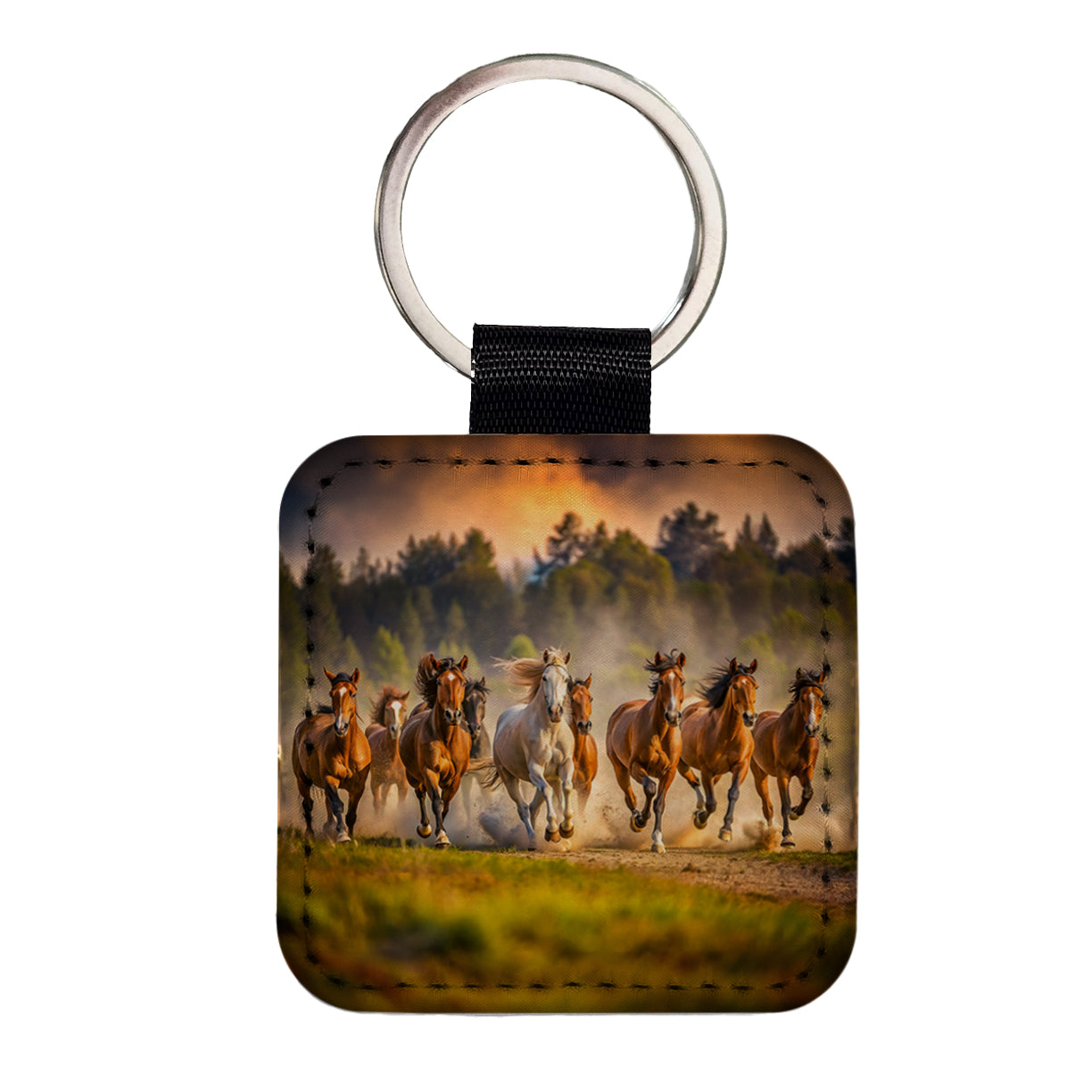 Galloping Horses on the Plain Square Faux Leather Keychain