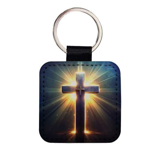 Glowing Religious Cross Square Faux Leather Keychain