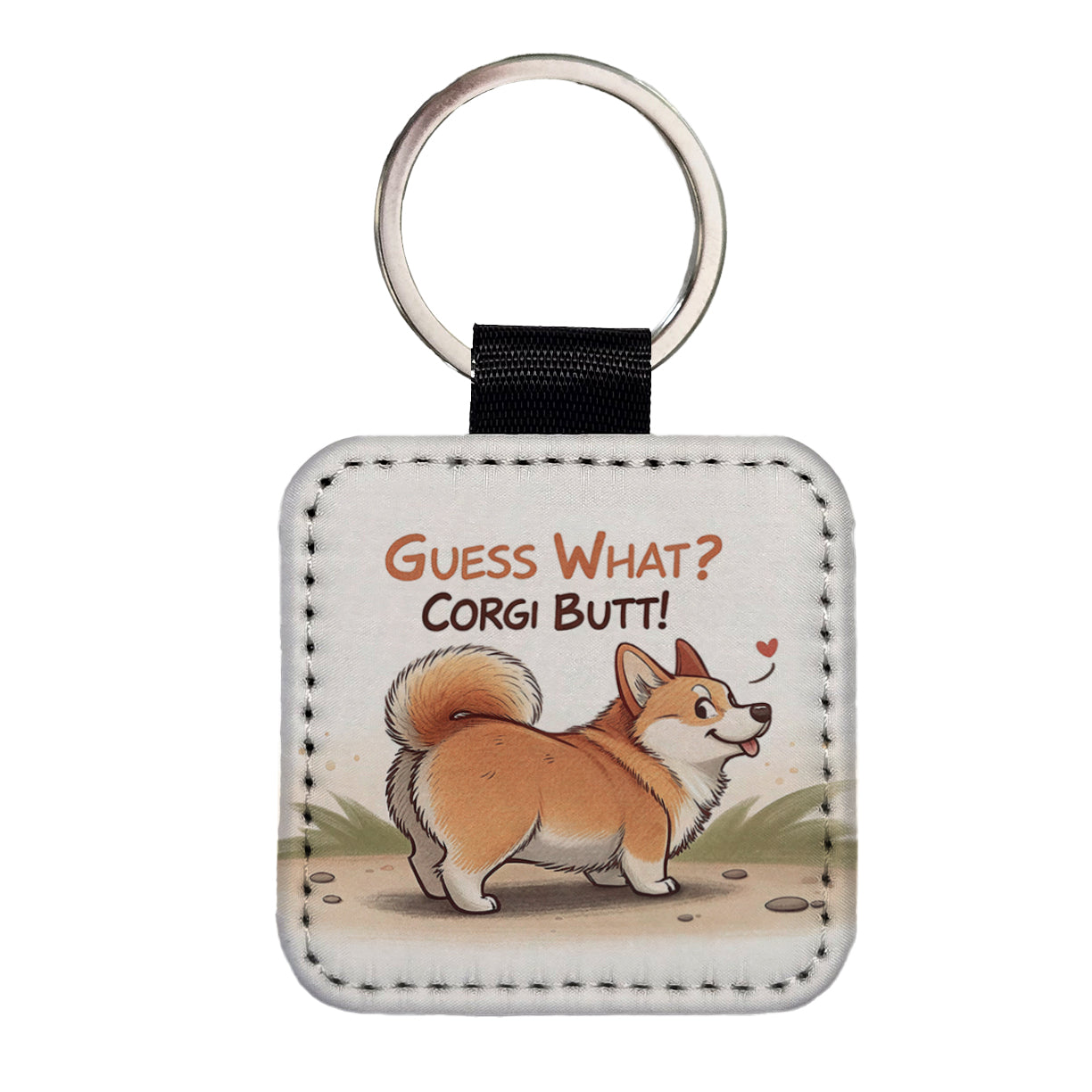 Guess What Corgi Butt Funny Dog Saying Square Faux Leather Keychain