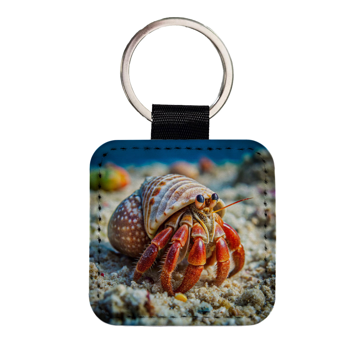 Hermit Crab in the Ocean Square Faux Leather Keychain