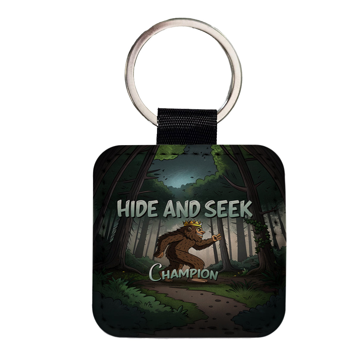 Hide And Seek Champion Big Foot With Crown Square Faux Leather Keychain
