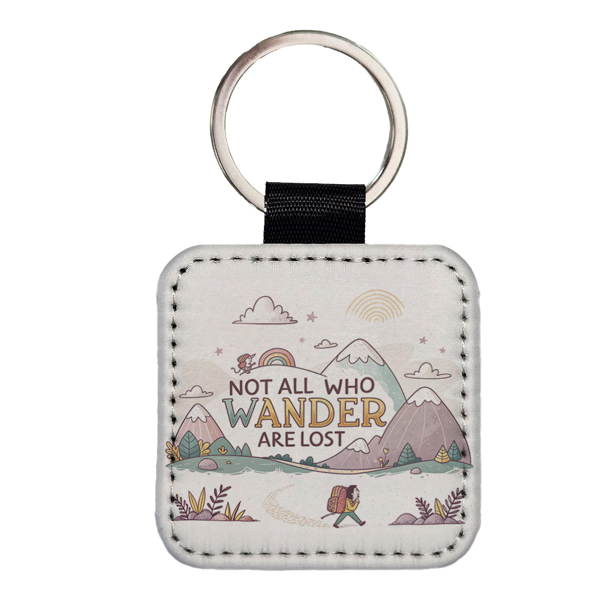 Hiking Camping Not All Who Wander Are Lost Square Faux Leather Keychain