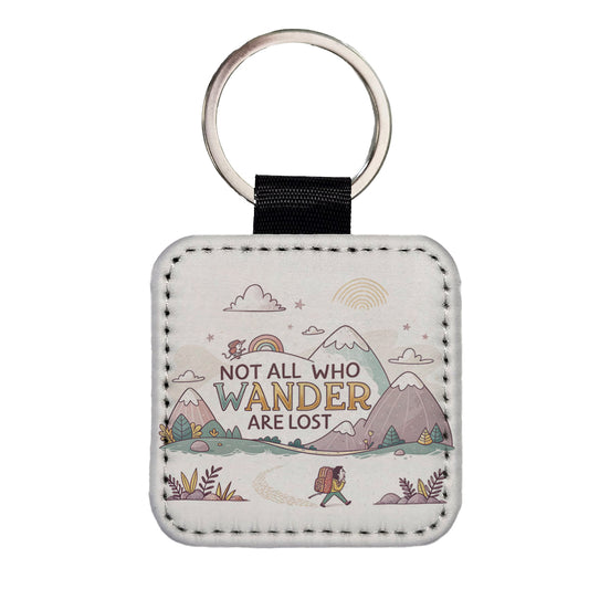 Hiking Camping Not All Who Wander Are Lost Square Faux Leather Keychain