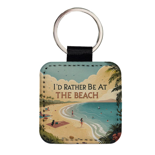 I'd Rather Be At The Beach Ocean Square Faux Leather Keychain