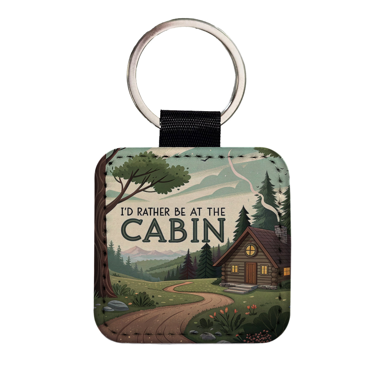 I'd Rather Be At The Cabin In The Woods Square Faux Leather Keychain