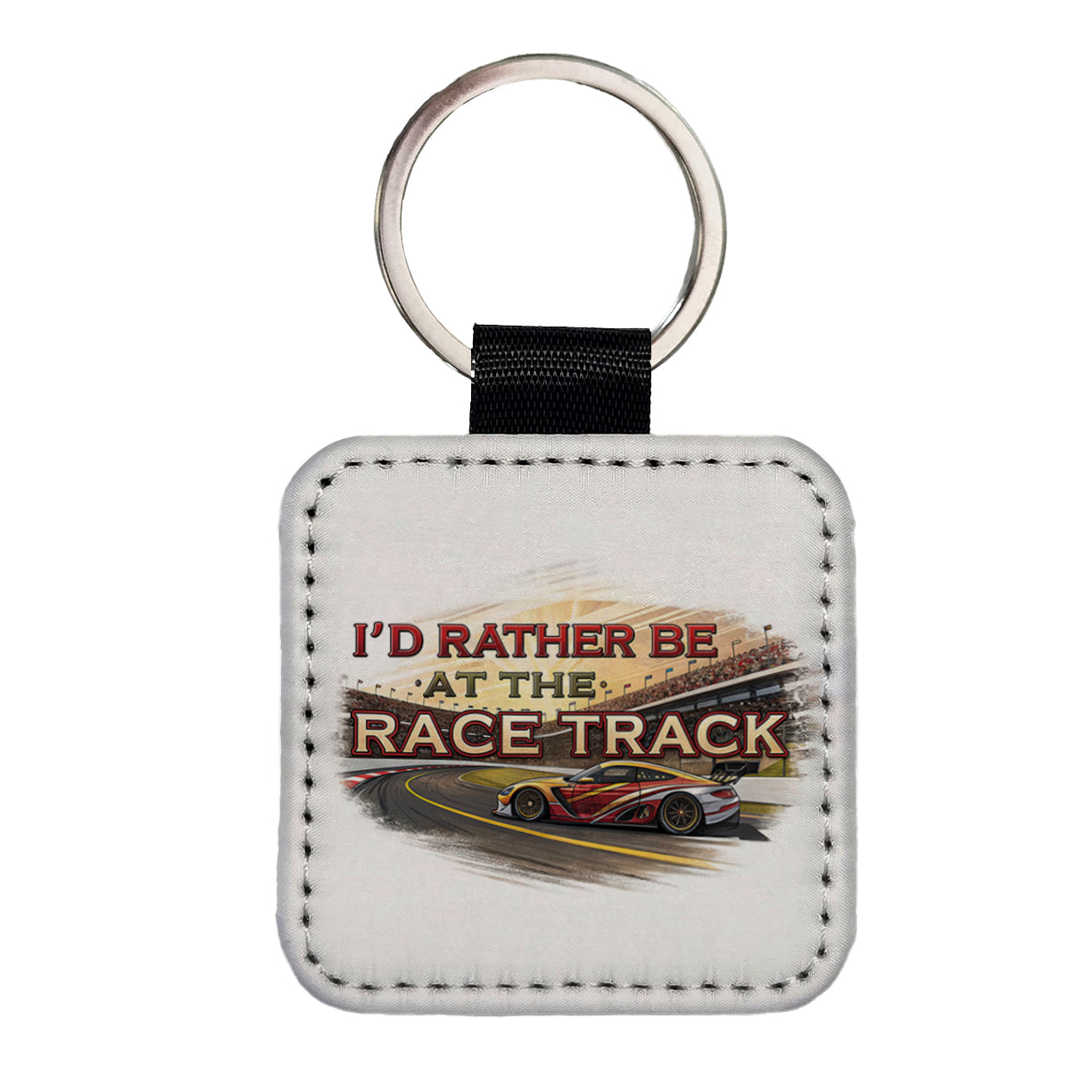 I'd Rather Be At The Race Track Car Racing Square Faux Leather Keychain