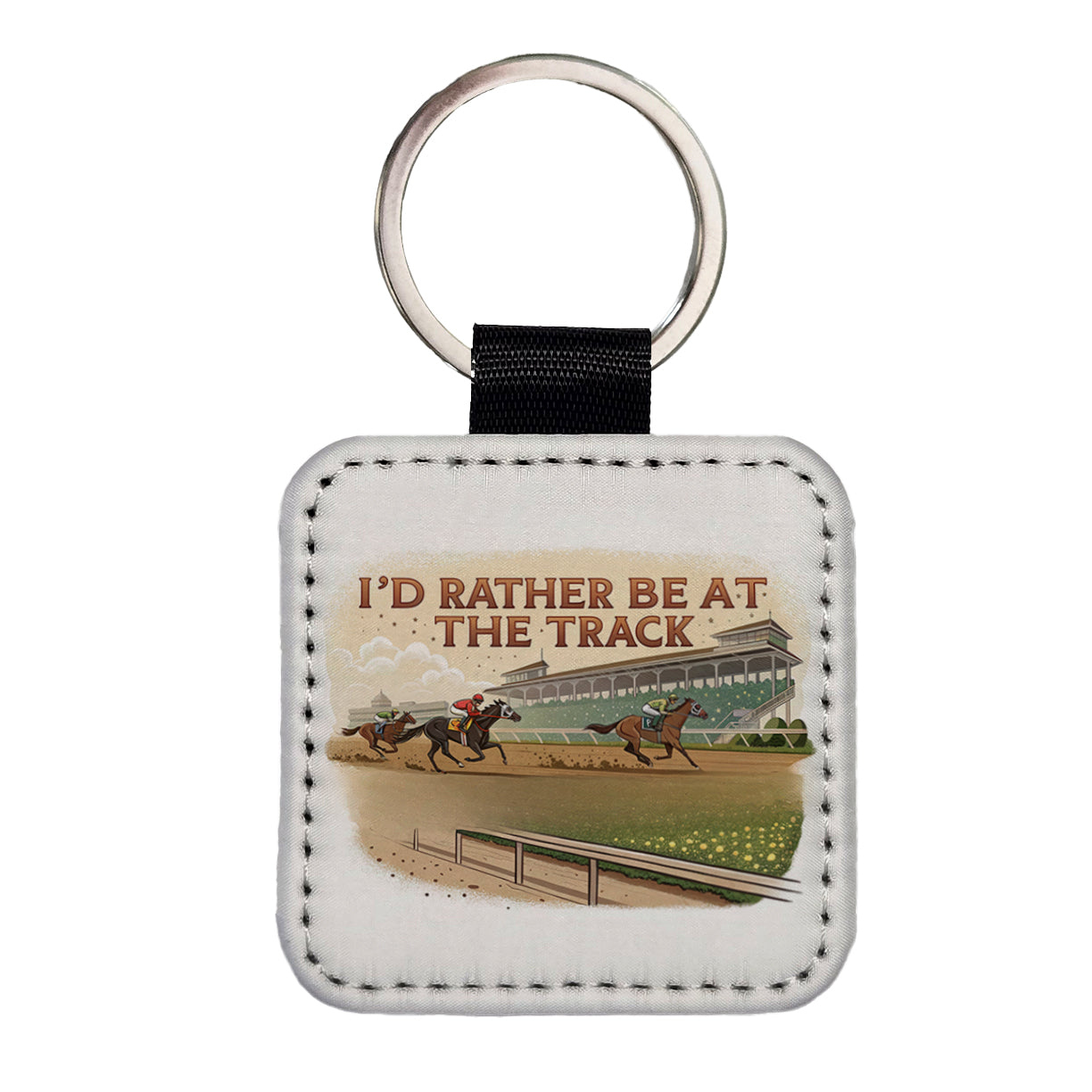 I'd Rather Be At The Track Horse Racing Square Faux Leather Keychain